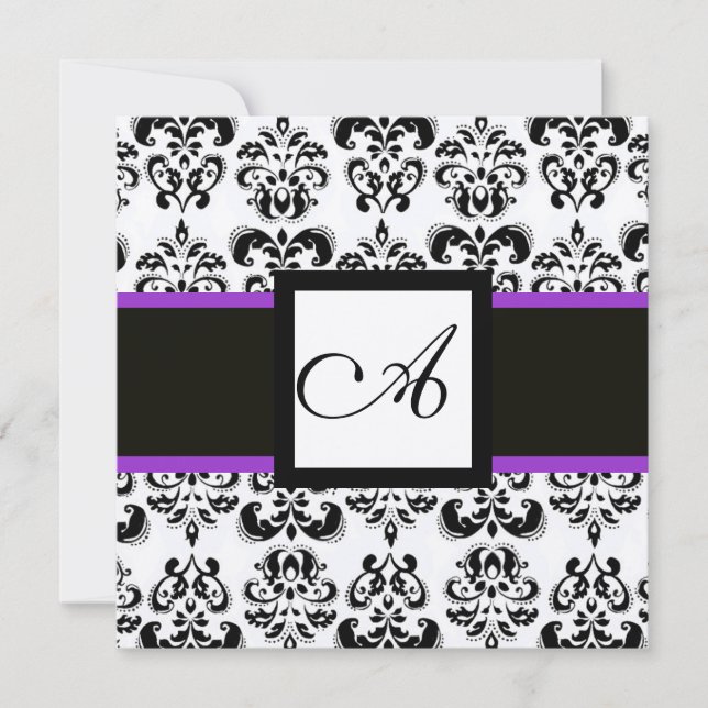 BLACK WHITE DAMASK MONOGRAM Champagne Metallic Invitation (Front)