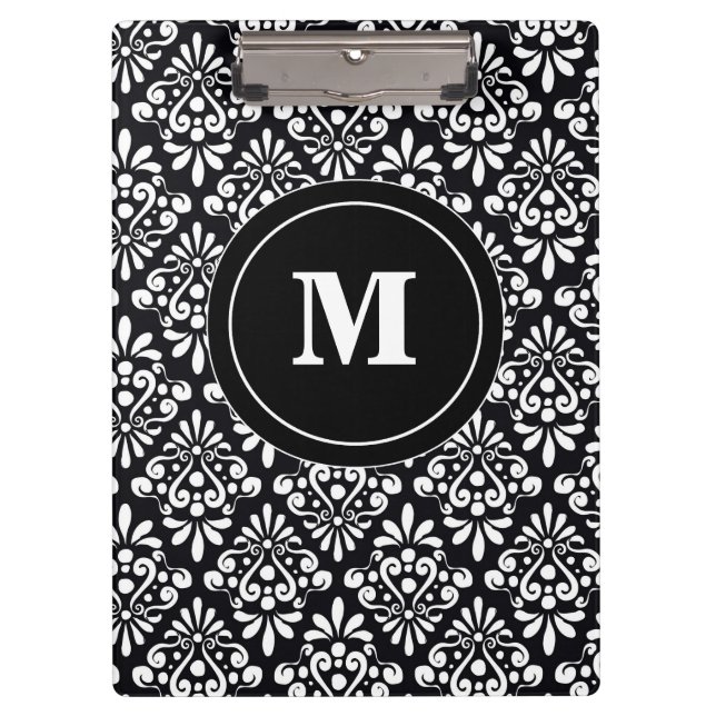 Black White Damask Monogram Clipboard (Front)