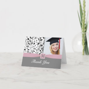 Black white damask monogram Graduation Photo Card