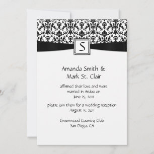 Black White Damask Monogram Post Wedding Invitation