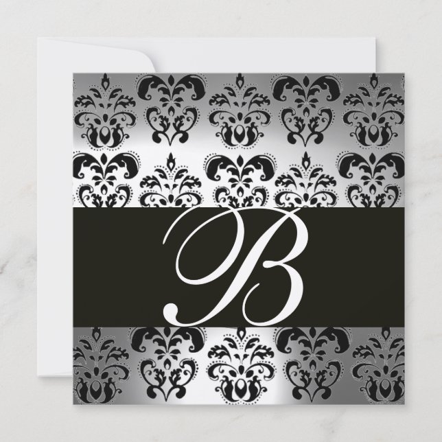 BLACK & WHITE DAMASK MONOGRAM silver moonstone Invitation (Front)