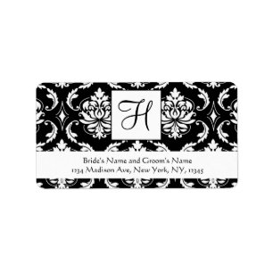 Black White Damask Monogram Wedding Address Labels