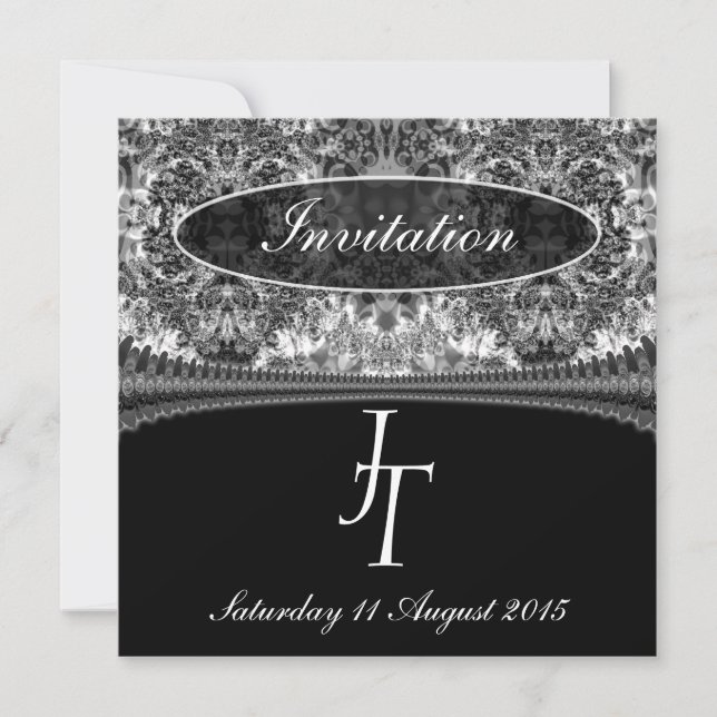 Black & White Damask Monogram Wedding Invitation (Front)