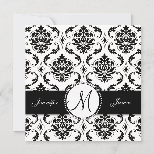 Black White Damask Monogram Wedding Invitation (Front)