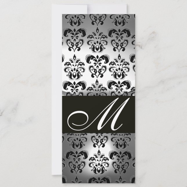 BLACK WHITE DAMASK MONOGRAM WEDDING PARTY PROGRAM INVITATION (Front)