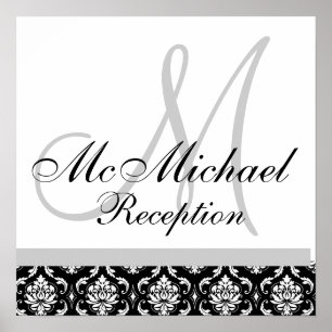 Black & White Damask Monogram Wedding Reception Poster