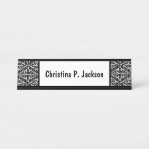 Black White Damask Pattern Fancy Scrolls Desk Name Plate