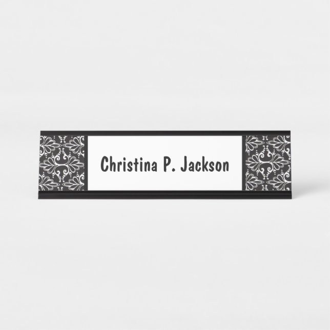 Black White Damask Pattern Fancy Scrolls Desk Name Plate (Front)