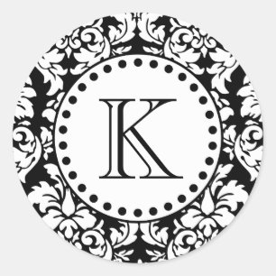 Black White Damask Pattern Monogram Classic Round Sticker
