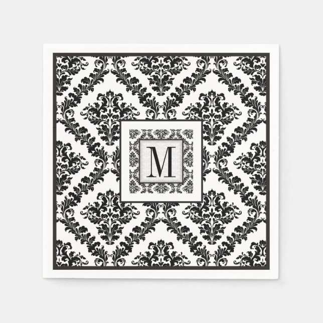 Black, white damask pattern monogram wedding napkin (Front)