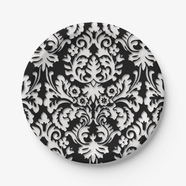 Black & White Damask Pattern Paper Plate (Front)