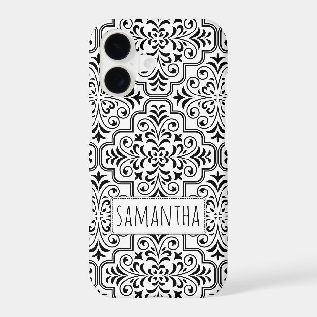 Black, white damask pattern personalised with name (Back)
