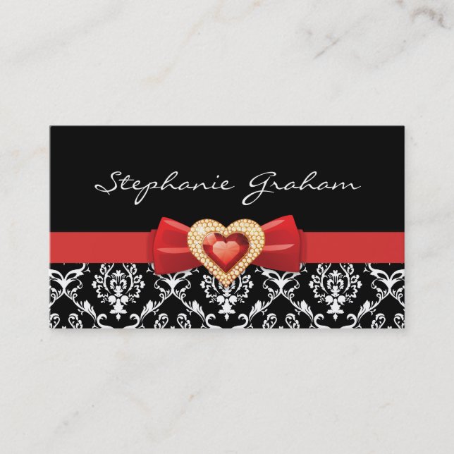 Black white damask pattern with red bow and jewel business card (Front)