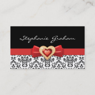 Black white damask pattern with red bow and jewel business card