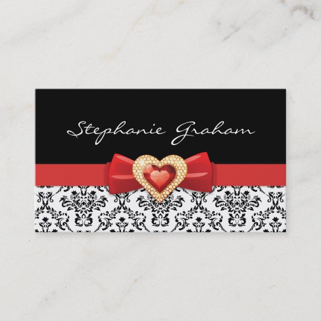 Black white damask pattern with red bow and jewel business card (Front)