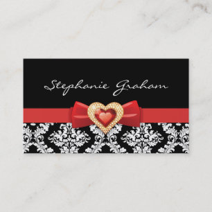 Black white damask pattern with red bow and jewel business card