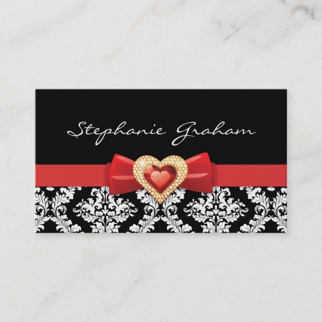 Black white damask pattern with red bow and jewel business card (Front)