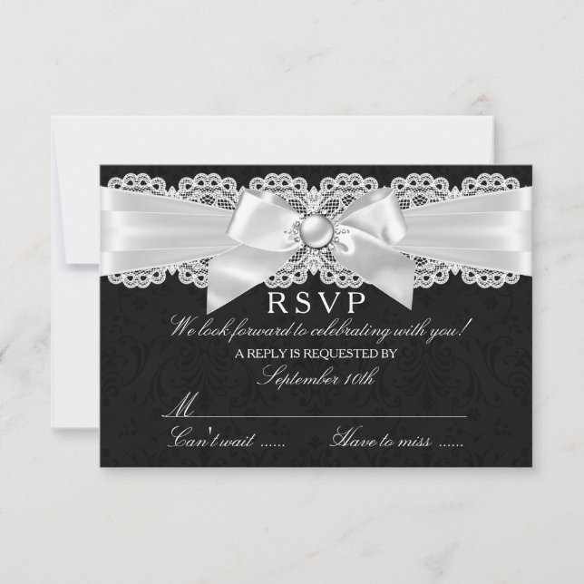 Black & White Damask & Pearl Bow RSVP Card (Front)