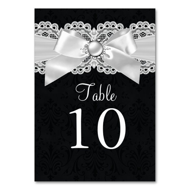 Black & White Damask & Pearl Bow Table Number Card (Front)