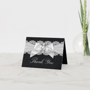 Black & White Damask & Pearl Bow Thank You Card