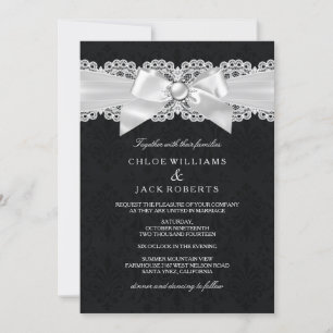 Black & White Damask & Pearl Bow Wedding Invite