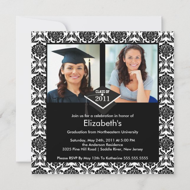 Black & White Damask Photo Graduation Invitation (Front)