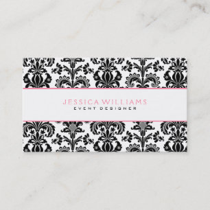 Black & White Damask Pink Accents Business Card