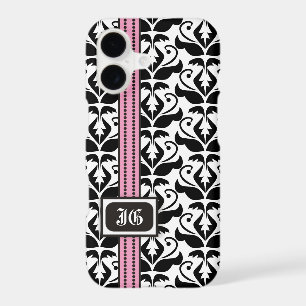 Black white damask, pink band with monogram