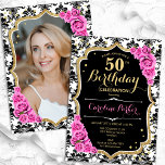 Black White Damask Pink Roses Photo 50th Birthday Invitation<br><div class="desc">Elegant floral feminine 50th birthday invitation with your photo at the back of the card. Glam black white pink design with faux glitter gold. Features black and white damask pattern, pink roses, script font and confetti. Perfect for a stylish adult bday celebration party. Personalise with your own details. Can be...</div>