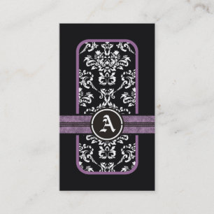 Black white damask purple band monogram business card