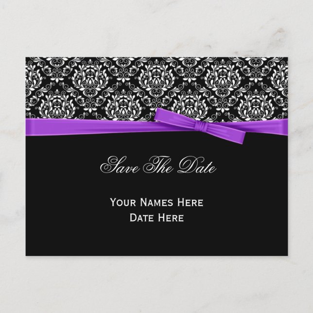 Black White Damask Purple Bow Ribbon Save The Date Announcement Postcard (Front)