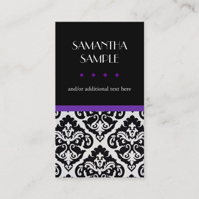Black & White Damask, Purple Business Card (Front)