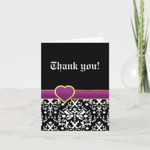Black white damask purple heart wedding Thank You