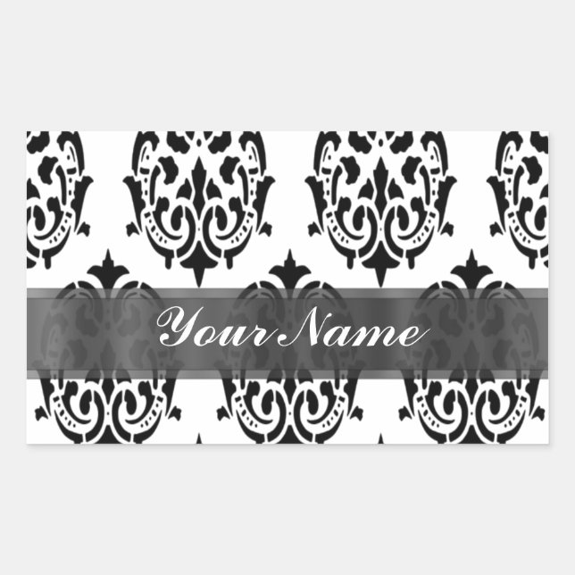 Black & white damask rectangular sticker (Front)