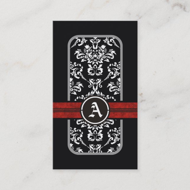 Black white damask red band monogram business card (Front)