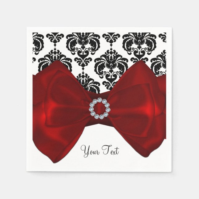 Black & White Damask Red Bow Glam Sweet 16 Party Napkin (Front)