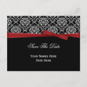 Black White Damask Red Bow Ribbon Save The Date Announcement Postcard