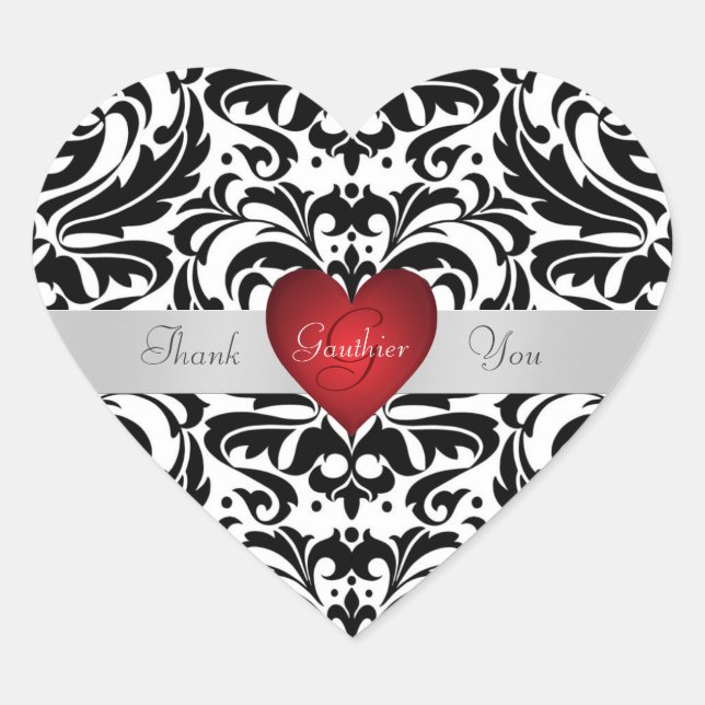 Black & White Damask Red Heart Thank You Sticker (Front)