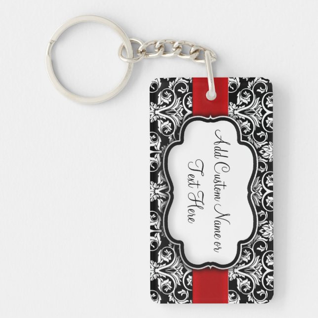 Black/White Damask Red Ribbon Key Ring (Front)