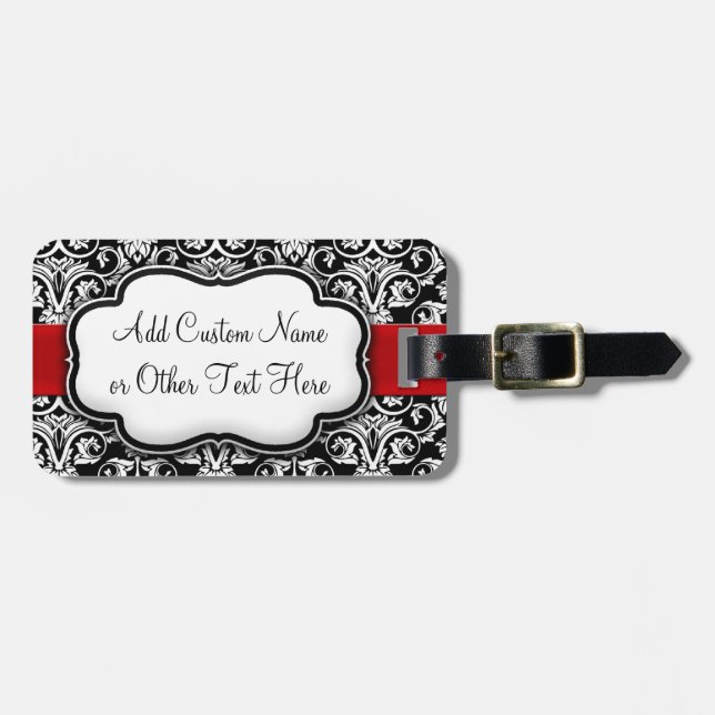 Black/White Damask Red Ribbon Luggage Tag (Front Horizontal)