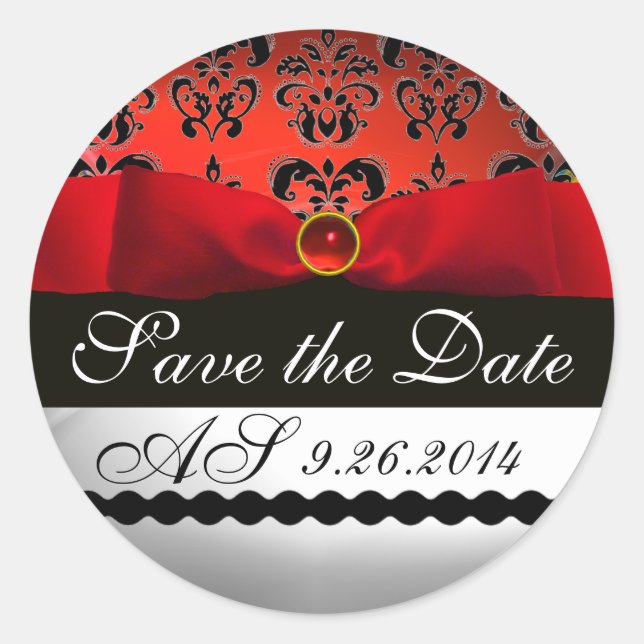 BLACK & WHITE DAMASK  RED RIBBON MONOGRAM Gemstone Classic Round Sticker (Front)