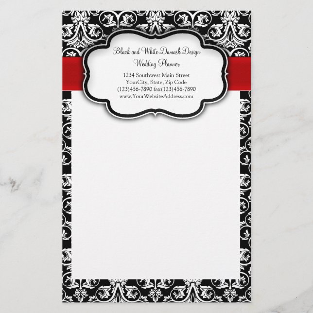 Black/White Damask Red Ribbon Stationery (Front)