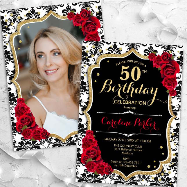 Black White Damask Red Roses Photo 50th Birthday Invitation (Creator Uploaded)