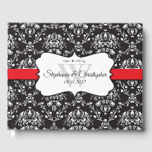 Black White Damask Red Stripe Wedding Guest Book