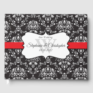 Black White Damask Red Stripe Wedding Guest Book