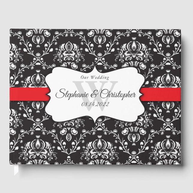 Black White Damask Red Stripe Wedding Guest Book (Front)