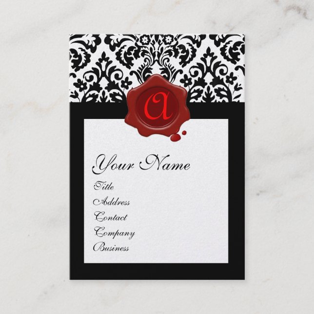 BLACK WHITE DAMASK RED WAX SEAL MONOGRAM BUSINESS CARD (Front)