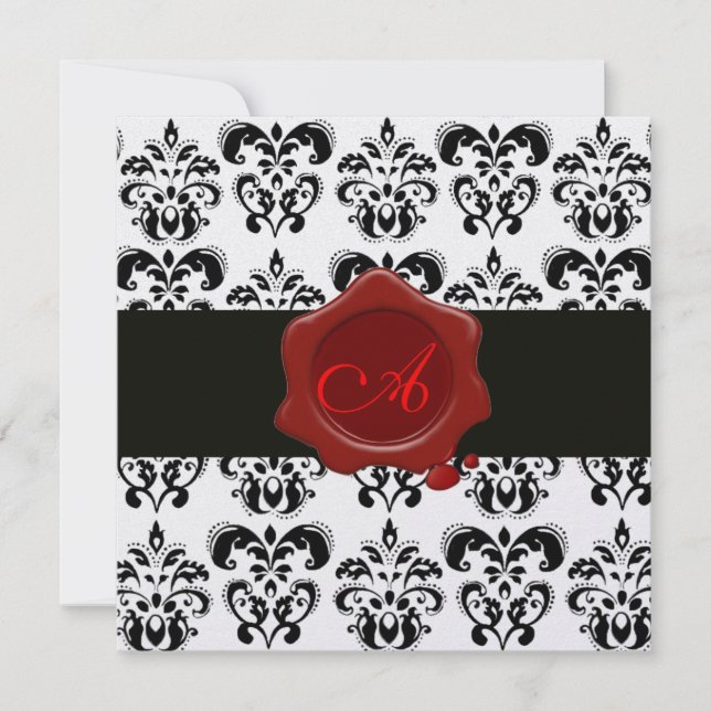 BLACK & WHITE DAMASK, RED WAX SEAL MONOGRAM Ice Invitation (Front)