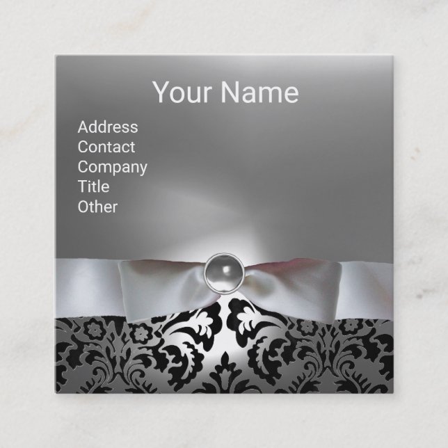 BLACK WHITE DAMASK RIBBON ,GREY GEMSTONE MONOGRAM SQUARE BUSINESS CARD (Front)
