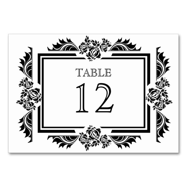 Black & White Damask Roses Table Number Cards (Front)